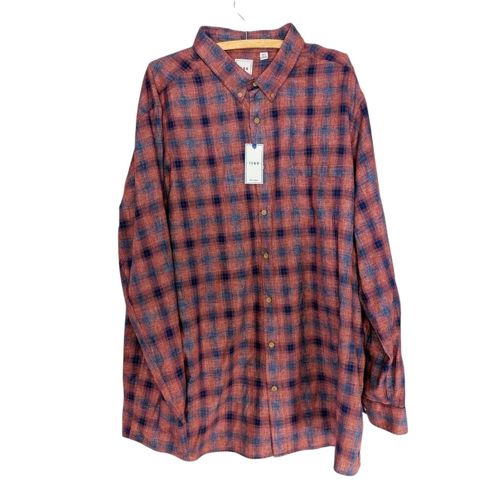 ROWM Flannel Shirt Mens 3XT Big & Tall Plaid Rust Orange Blue Button Down NWT